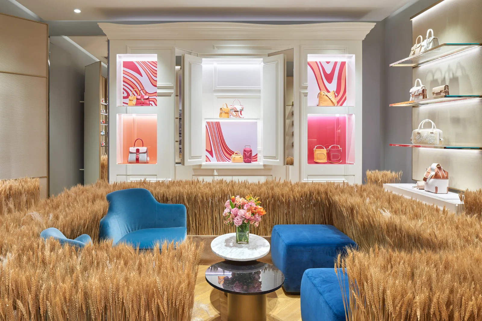 Delvaux pop-up interior with an illuminated central display wall and blue seating.